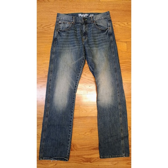 Wrangler Retro Slim Straight Mens Blue Denim Jeans Distressed Size 34x36 - Picture 3 of 10